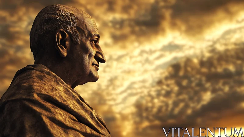 Aged stone bust profile rendered against dramatic golden cloudfield