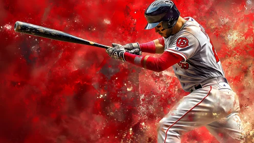 Baseball batter executes swing against abstract red ground