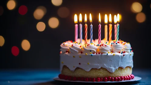 Birthday Cake With Lit Candles Against Dark Bokeh Background