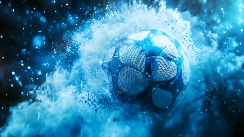 Star-charged soccer sphere bursting through blue nebulae.