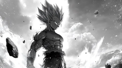 Monochrome muscular anime warrior under fractured sky field.