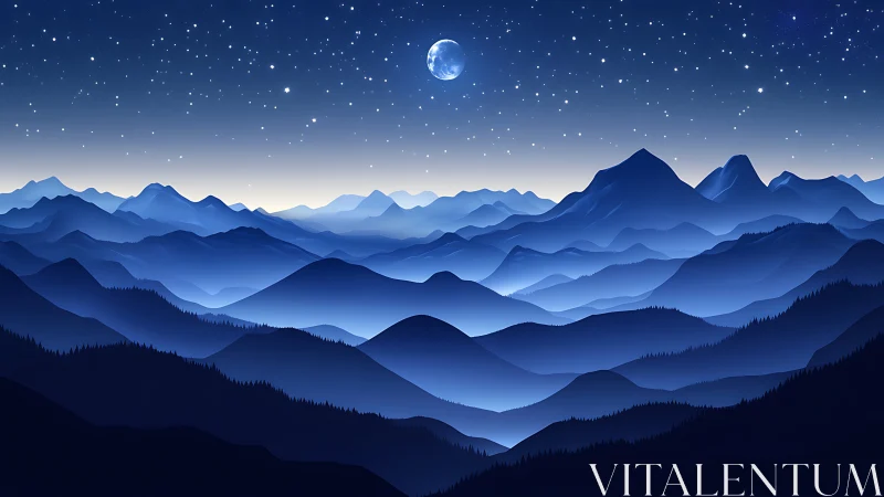 Lunar-lit blue mountain ranges under star-dense nocturnal sky.