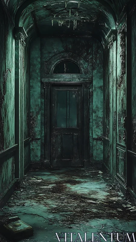 Decayed teal corridor frames a dark sealed door in perspective
