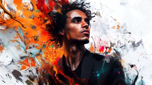 Vibrant digital portrait amid explosive abstract color fields.