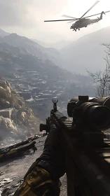 First person tactical rifle aim toward helicopter over misty valley
