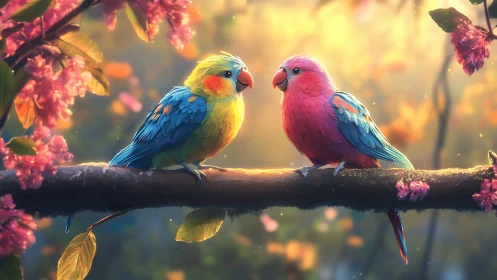 Two Colorful Parrots on a Branch in Vibrant Springtime Setting.