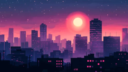 Urban high-rise skyline under stylized sunset and stars.