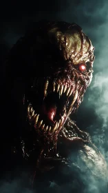 Grotesque humanoid creature exposes fanged jaws in mist
