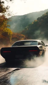 Muscle car drifts through misty mountain forest road at speed