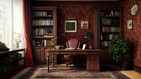 Classic mahogany study with red wallpaper and window light.