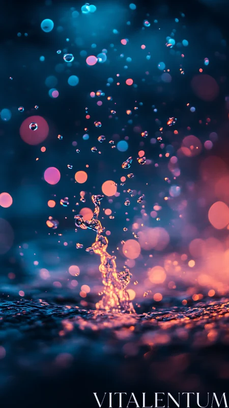 Colored water droplets rise and disperse over illuminated surface