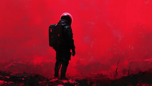 Lone astronaut surveys crimson alien horizon in silence.