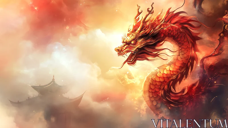 Fiery red Chinese dragon emerging from glowing clouds.