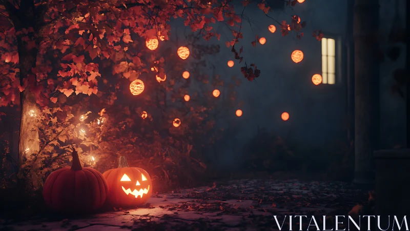 Glowing jack-o-lanterns brighten a misty Halloween garden night