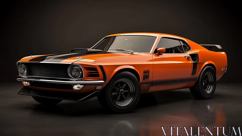 Orange fastback muscle car in high-contrast studio render.