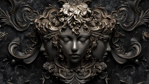 Triple sculpted faces with ornate metallic floral motifs.