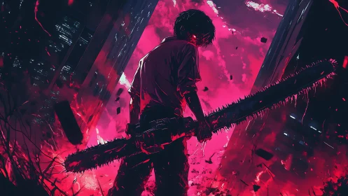 Chainsaw warrior stalks neon city under erupting crimson sky.