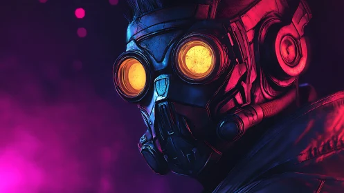 Futuristic figure in gas mask with glowing goggles profile.