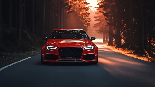 Red sports sedan is positioned centrally on a forest road