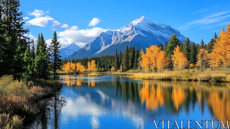 Autumn river mirrors snowcapped mountains in crisp alpine light.