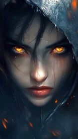Hooded female face with glowing ember eyes in darkness.