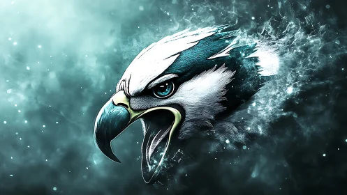 Fierce eagle digital art with dramatic smoky background effect.
