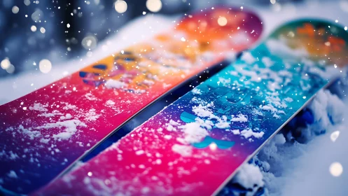 Twin snowboards with gradient graphics resting in shallow fresh powder