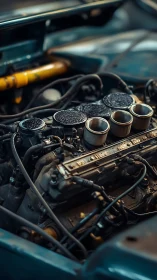 Vintage car engine bay glows with detailed mechanical charm