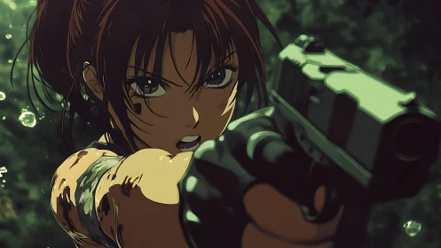 Female character extends handgun toward viewer in close focus