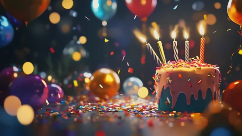 Glowing Birthday Cake Surrounded by Colorful Celebration.