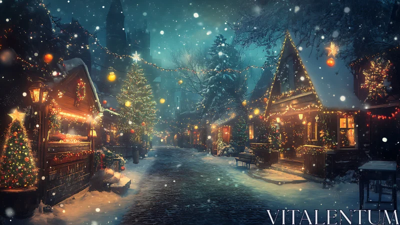 Snow-dusted Christmas lane glowing with cozy winter magic.