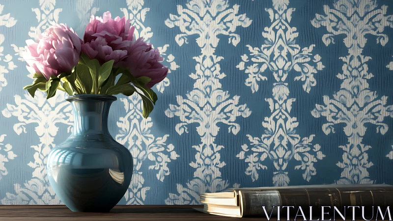Pink flowers in teal vase beside closed books on table.