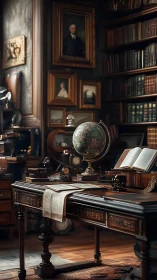 Historical study with globe, documents, and framed portraits