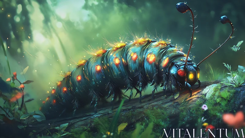Bioluminescent forest caterpillar in dreamy green light.