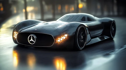 Futuristic Mercedes concept car rendered on wet city street