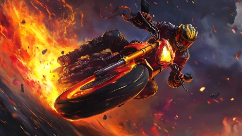Motorcyclist in high-speed turn amid intense surrounding fire.