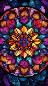 Radial stained glass mandala with prismatic leaf geometry.