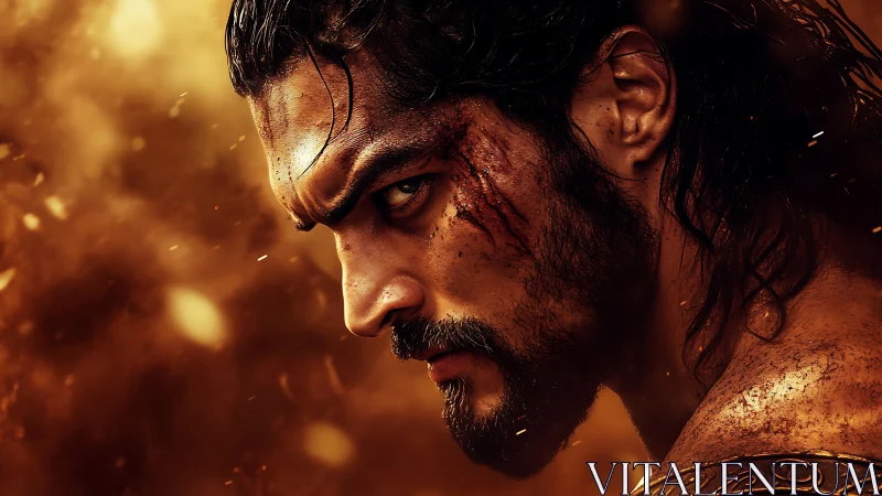 Profile view shows injured male warrior in heated environment