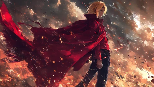 Dynamic red-cloaked figure amid turbulent ember-streaked sky.