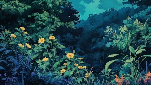 Dense green undergrowth with yellow wildflowers at dusk.