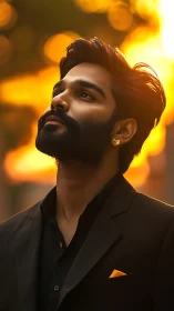Portrait of stylish bearded man in sunset golden bokeh lighting.