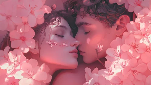 Digital Rendering of Romantic Intimacy Amid Floral Saturation.