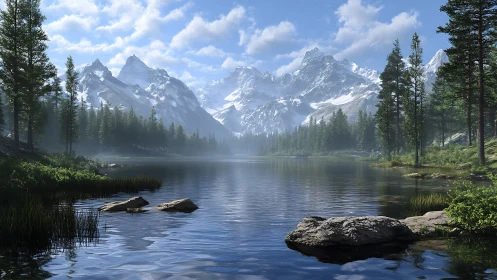 Peaceful mountain lake quietly reflects snow capped pines