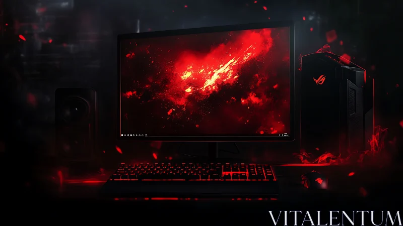 Crimson nebula erupts across a battle ready gaming desktop
