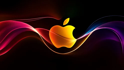 Glowing apple emblem intersected by dynamic neon light waves