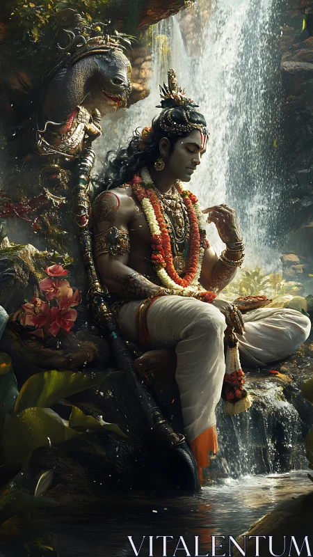Divine ascetic figure meditating by cascading jungle waterfall