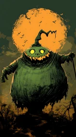 Grotesque pumpkin specter advances under oversized harvest moon