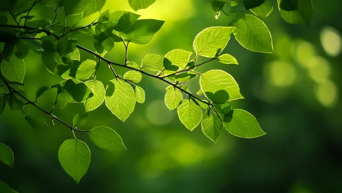 Sunlit Green Leaves on Branch in Natural Bokeh Style Photograph.