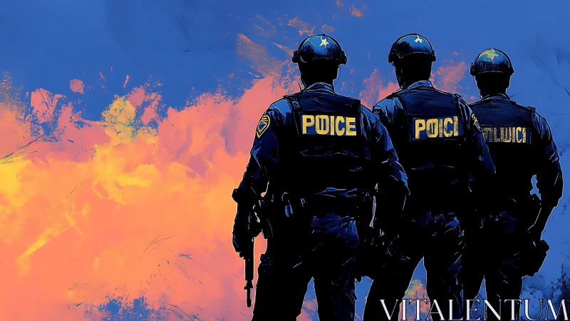 Police officers stand against fiery abstract backdrop.