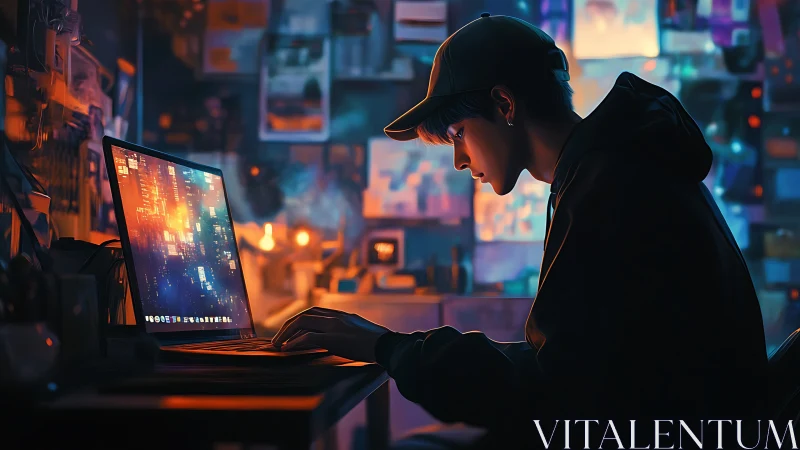 Neon-lit night coder weaving code in a glowing cyber den.